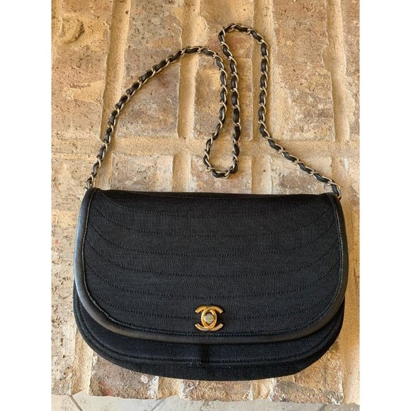 CHANEL Vintage 1980's CC Jersey Crescent Flap Bag RARE Black chain strap classic